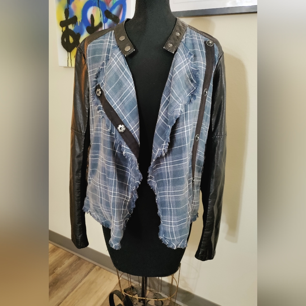 FREE PEOPLE FAUX LEATHER PLAID MOTO JACKET 90'S GRUNGE